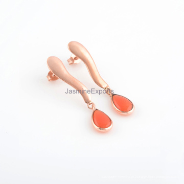 Coral Calcedônia Gemstone Rose Gold Plated Sterling Long Drop Earring, Silver Gemstone Earring